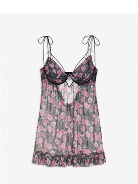For Love & Lemons Ciara Slip Dress Black + Pink Rose Glitter Print (S) NWT